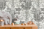 Gray Floral and Cat Wallpaper / Peel and Stick Wallpaper Removable Wallpaper Home Decor Wall Art Wall Decor Room Decor - D294