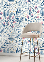 Blue Floral Scandinavian Wallpaper / Peel and Stick Wallpaper Removable Wallpaper Home Decor Wall Art Wall Decor Room Decor - D279