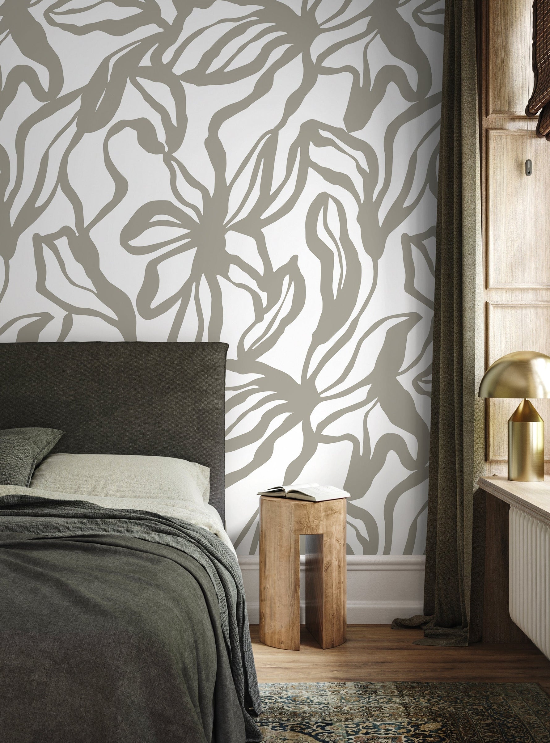 Gray Abstract Floral Wallpaper / Peel and Stick Wallpaper Removable Wallpaper Home Decor Wall Art Wall Decor Room Decor - D287