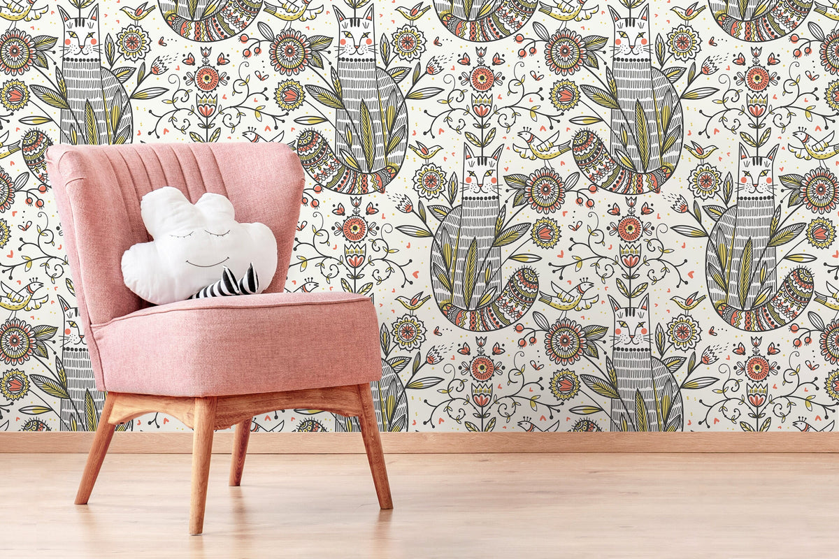 Floral Garden and Cat Wallpaper / Peel and Stick Wallpaper Removable Wallpaper Home Decor Wall Art Wall Decor Room Decor - D293