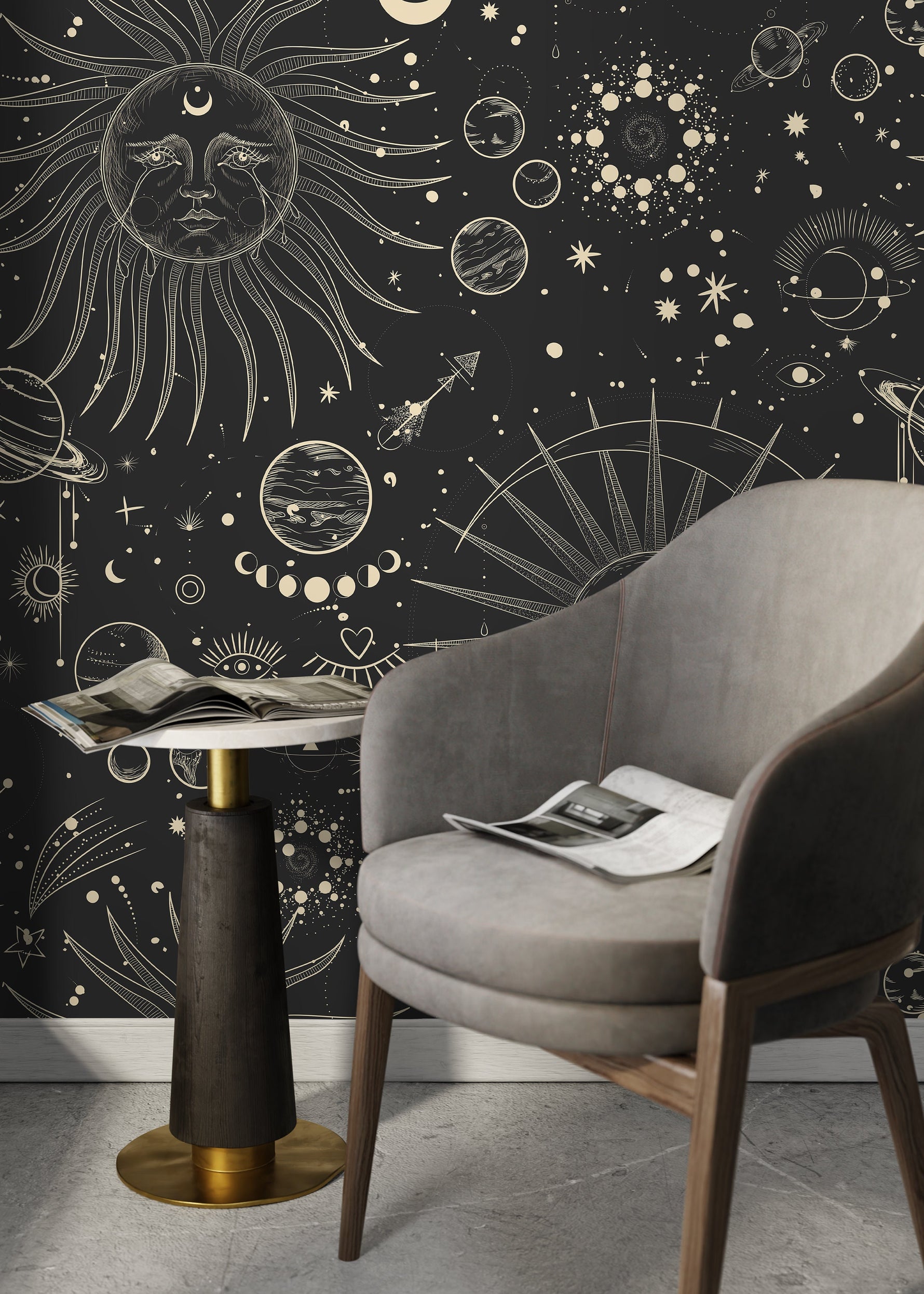 Black Celestial Wallpaper / Peel and Stick Wallpaper Removable Wallpaper Home Decor Wall Art Wall Decor Room Decor - D342