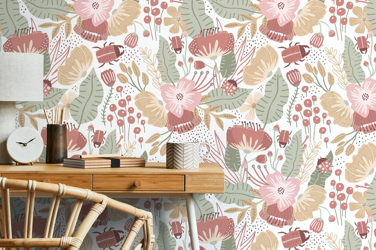 Boho Floral Garden Wallpaper / Peel and Stick Wallpaper Removable Wallpaper Home Decor Wall Art Wall Decor Room Decor - D312