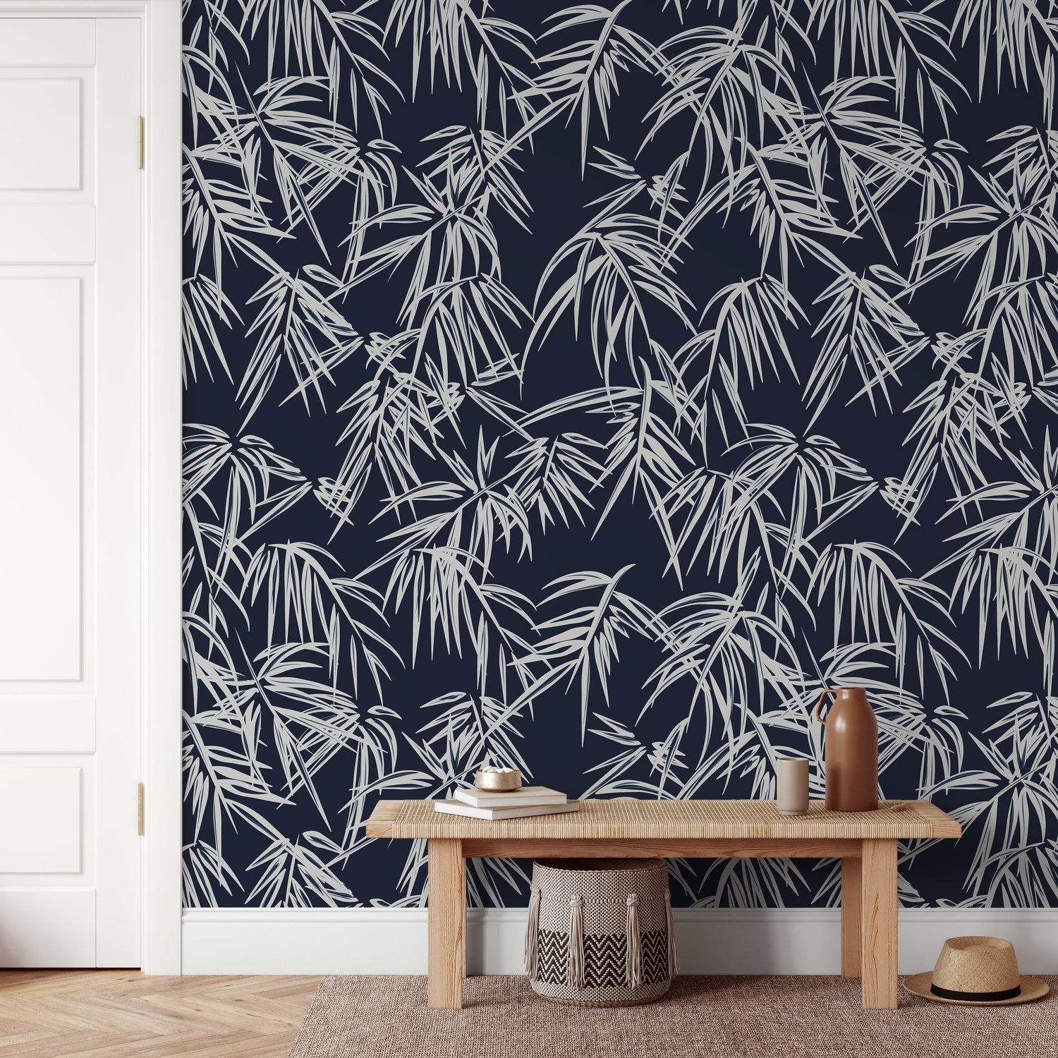 Navy Tropical Wallpaper / Peel and Stick Wallpaper Removable Wallpaper Home Decor Wall Art Wall Decor Room Decor - D335