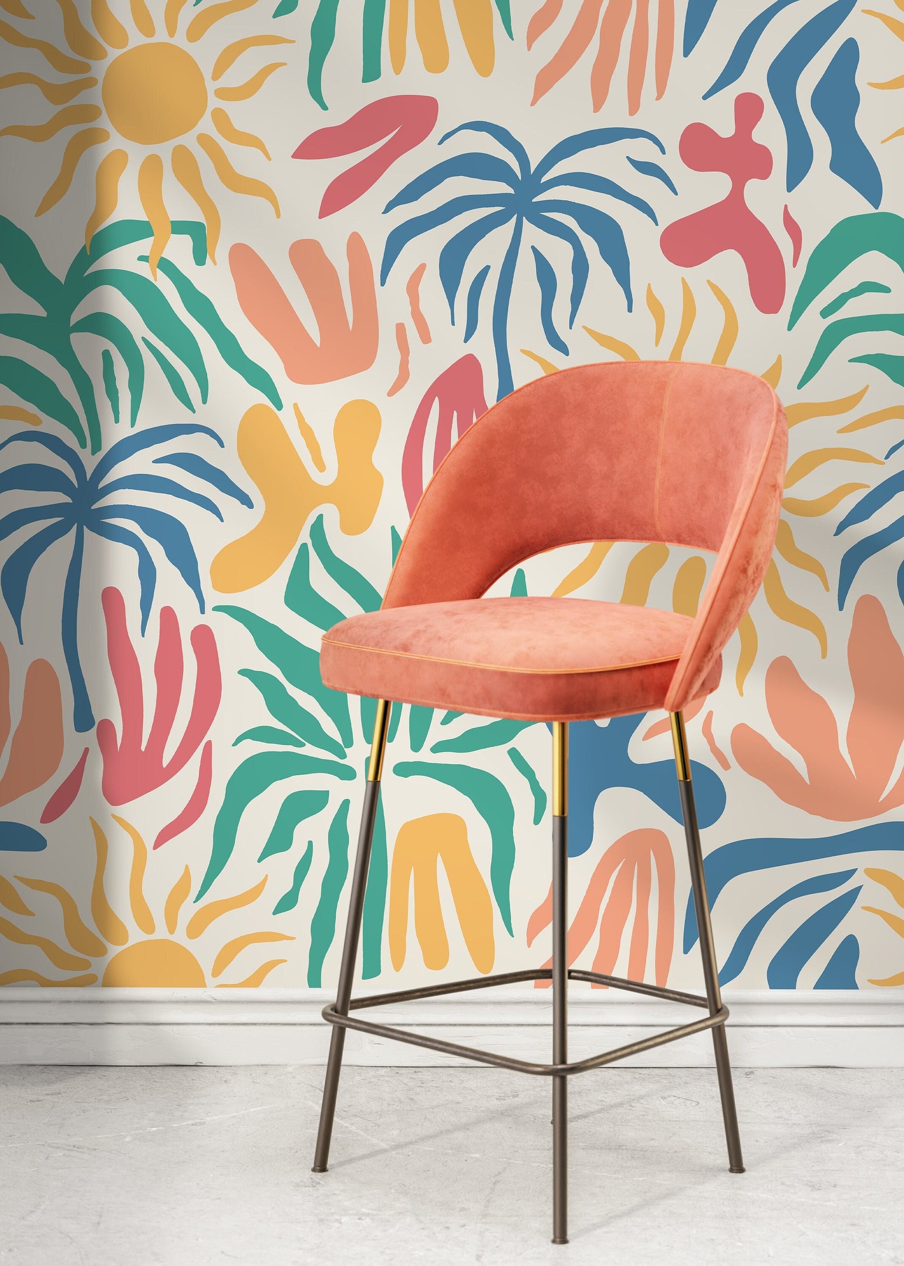 Colorful Tropical Shapes Wallpaper / Peel and Stick Wallpaper Removable Wallpaper Home Decor Wall Art Wall Decor Room Decor - D248