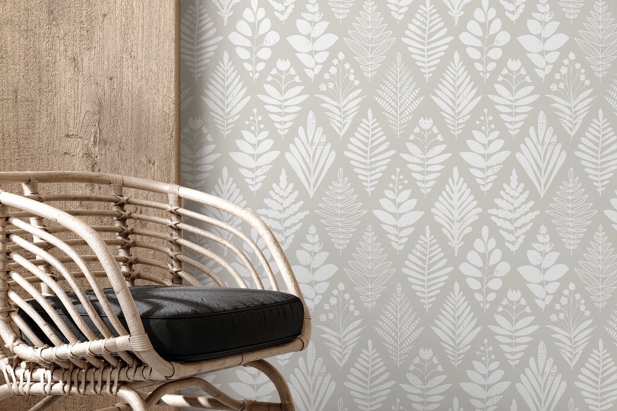 Grey Boho Leaf Wallpaper / Peel and Stick Wallpaper Removable Wallpaper Home Decor Wall Art Wall Decor Room Decor - D183