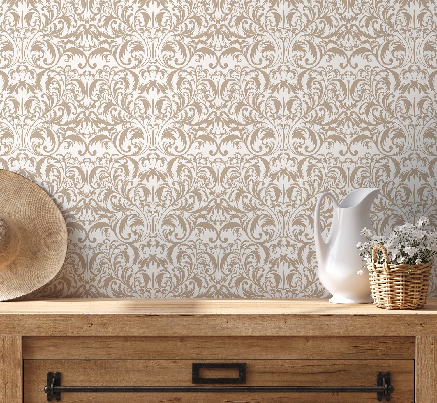 Beige Victorian Wallpaper / Peel and Stick Wallpaper Removable Wallpaper Home Decor Wall Art Wall Decor Room Decor - D364