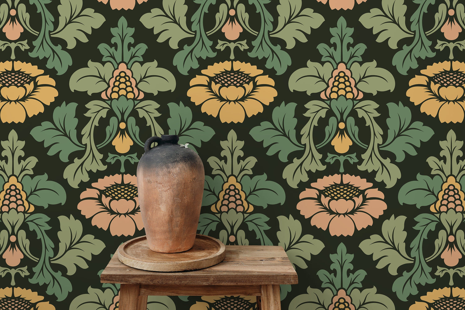 Green Vintage Floral Garden Wallpaper / Peel and Stick Wallpaper Removable Wallpaper Home Decor Wall Art Wall Decor Room Decor - D255