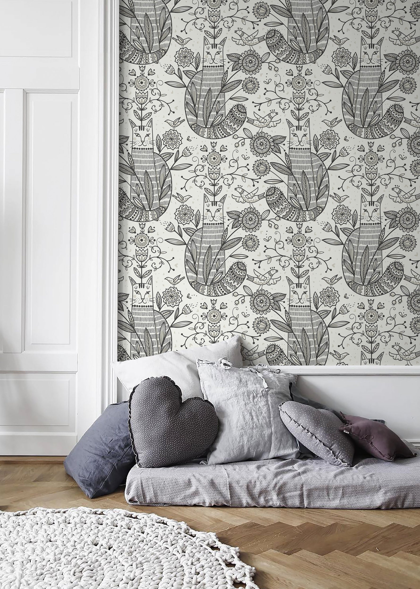 Gray Floral and Cat Wallpaper / Peel and Stick Wallpaper Removable Wallpaper Home Decor Wall Art Wall Decor Room Decor - D294