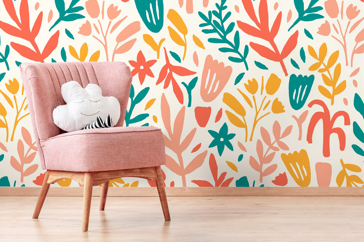 Colorful Floral Wallpaper / Peel and Stick Wallpaper Removable Wallpaper Home Decor Wall Art Wall Decor Room Decor - D371