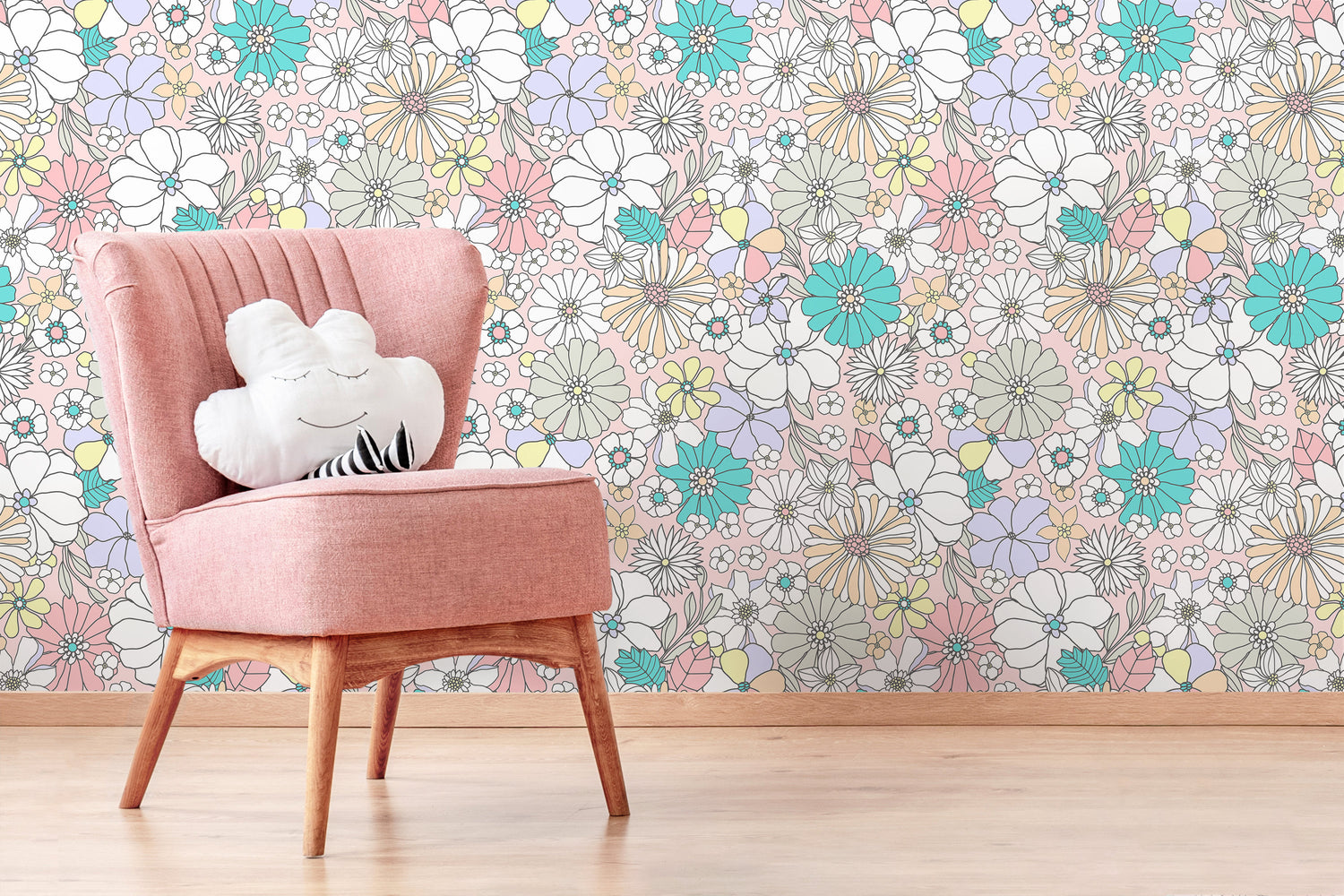 Pastel Retro Floral Wallpaper / Peel and Stick Wallpaper Removable Wallpaper Home Decor Wall Art Wall Decor Room Decor - D376