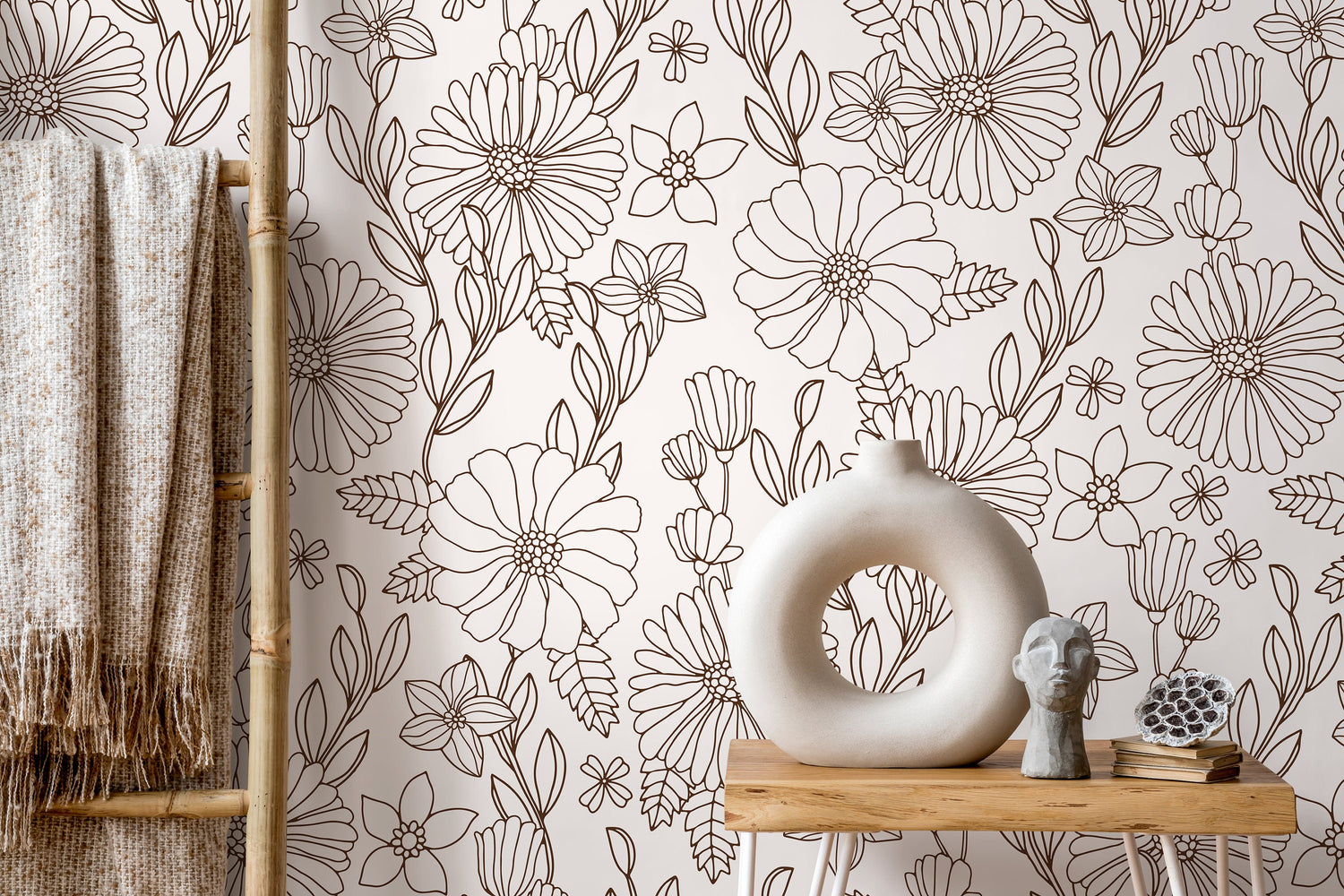 Neutral Boho Floral Wallpaper / Peel and Stick Wallpaper Removable Wallpaper Home Decor Wall Art Wall Decor Room Decor - D378