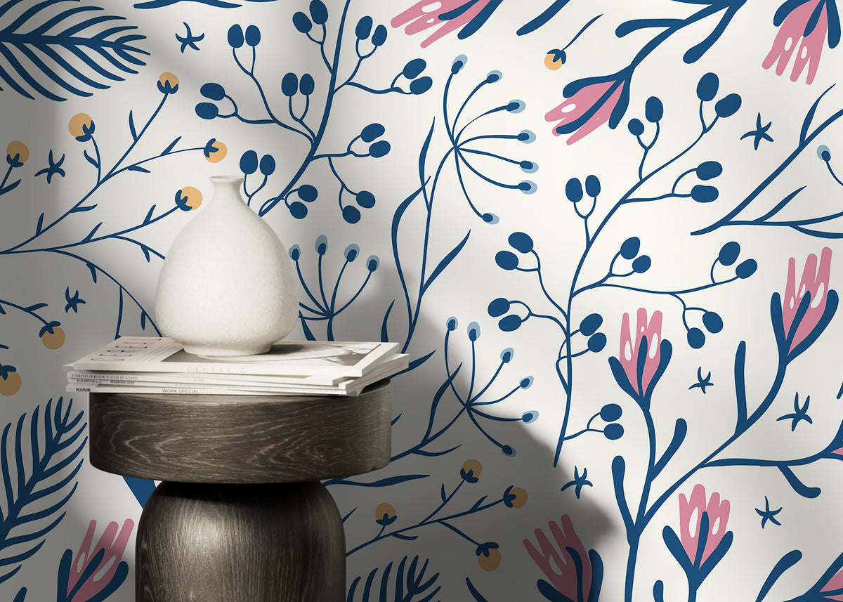 Blue Floral Scandinavian Wallpaper / Peel and Stick Wallpaper Removable Wallpaper Home Decor Wall Art Wall Decor Room Decor - D279