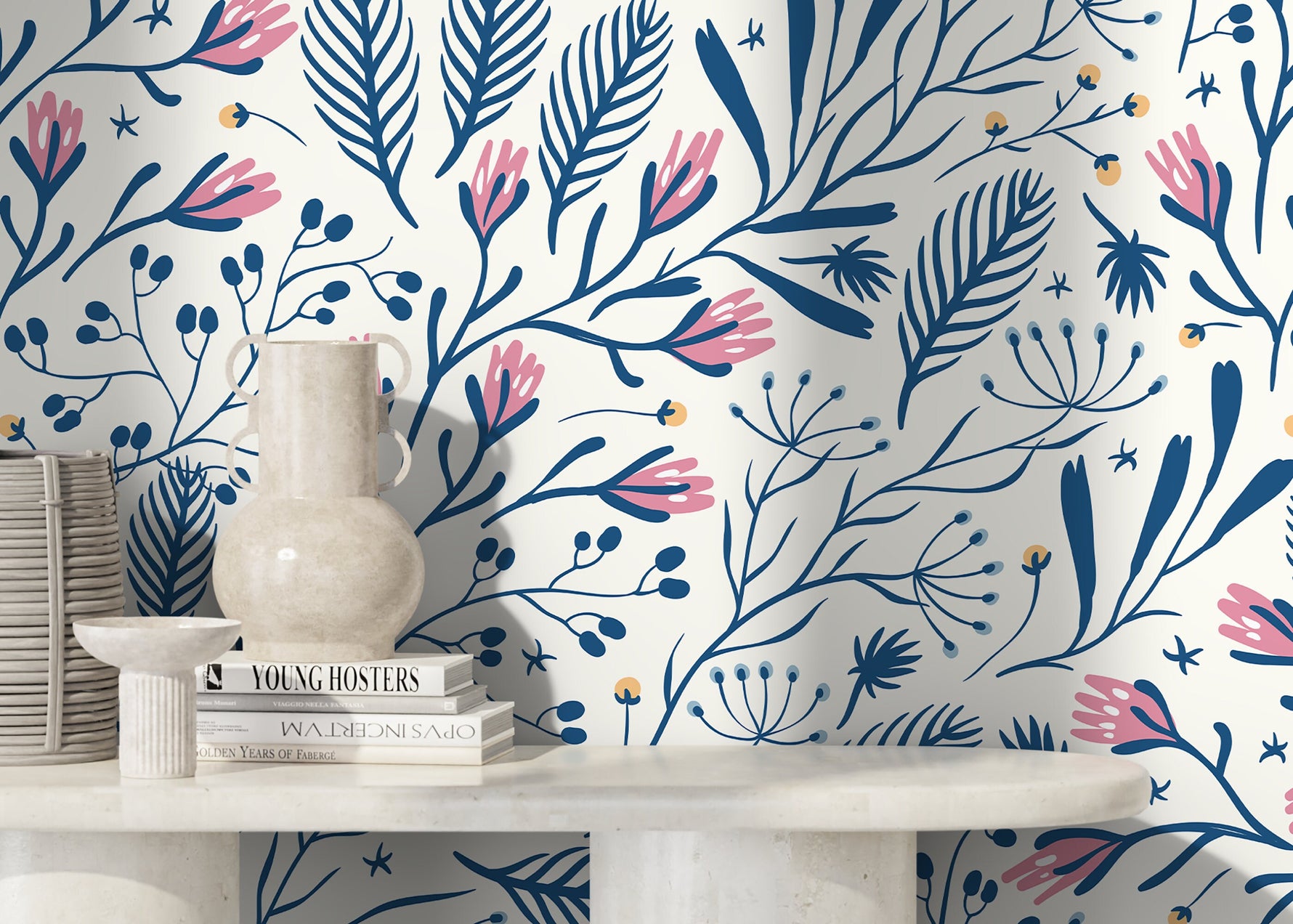 Blue Floral Scandinavian Wallpaper / Peel and Stick Wallpaper Removable Wallpaper Home Decor Wall Art Wall Decor Room Decor - D279