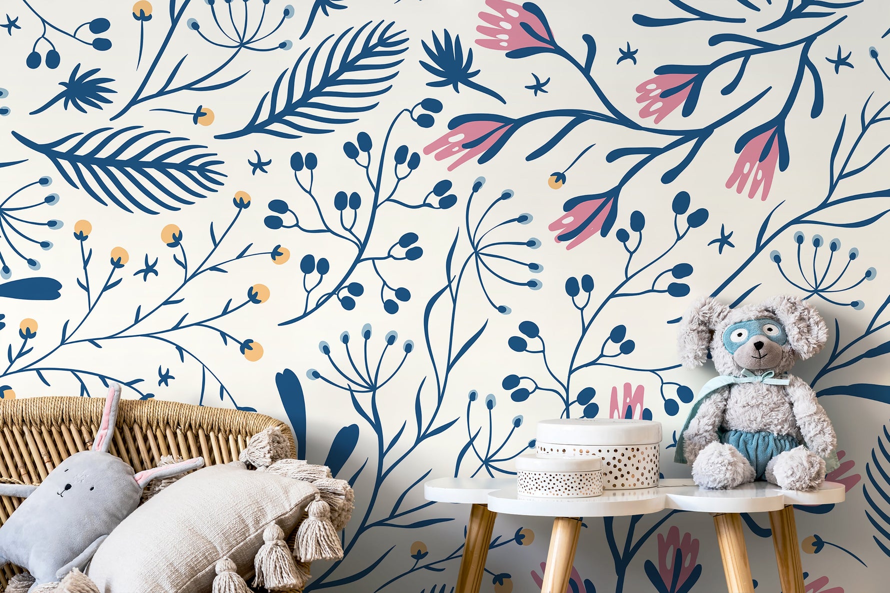 Blue Floral Scandinavian Wallpaper / Peel and Stick Wallpaper Removable Wallpaper Home Decor Wall Art Wall Decor Room Decor - D279