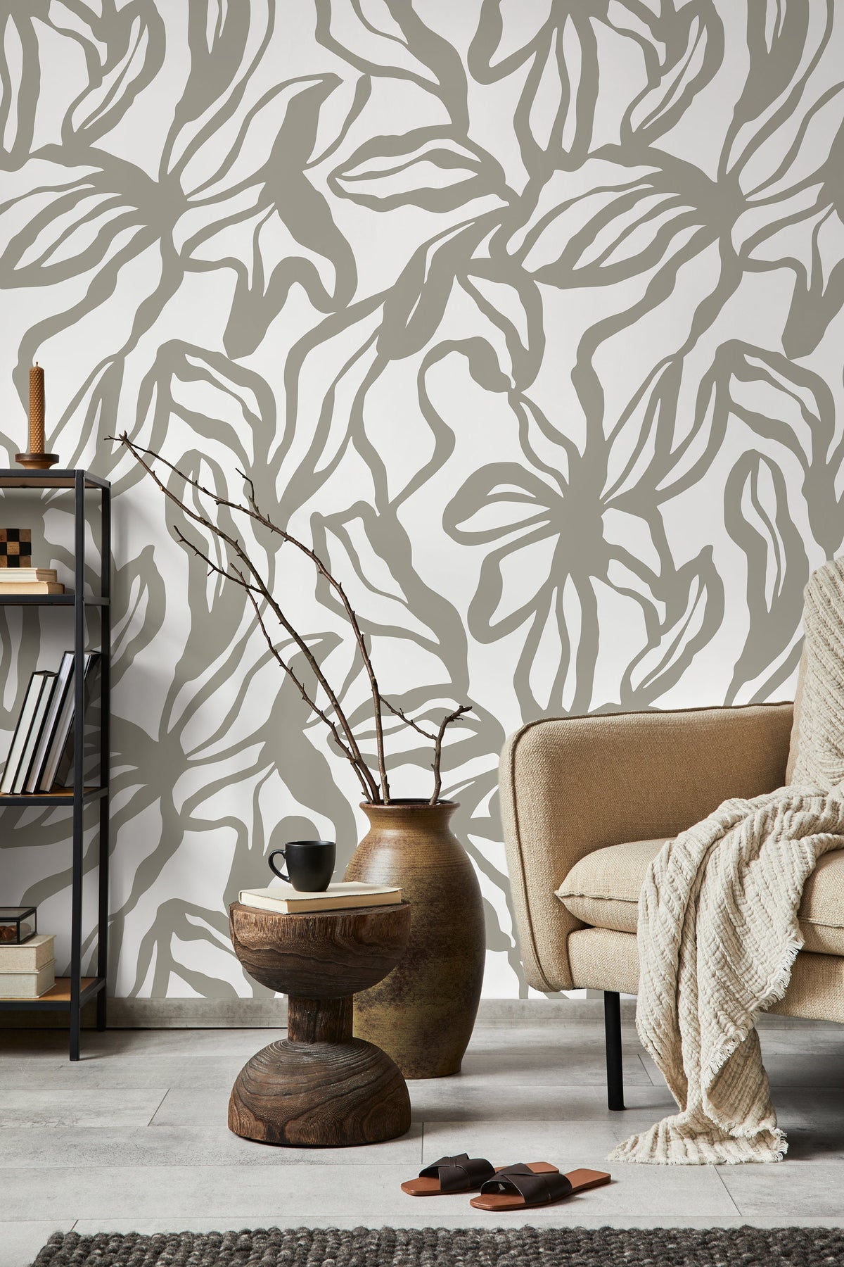 Gray Abstract Floral Wallpaper / Peel and Stick Wallpaper Removable Wallpaper Home Decor Wall Art Wall Decor Room Decor - D287