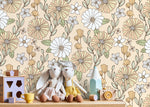 Yellow Retro Floral Wallpaper / Peel and Stick Wallpaper Removable Wallpaper Home Decor Wall Art Wall Decor Room Decor - D380