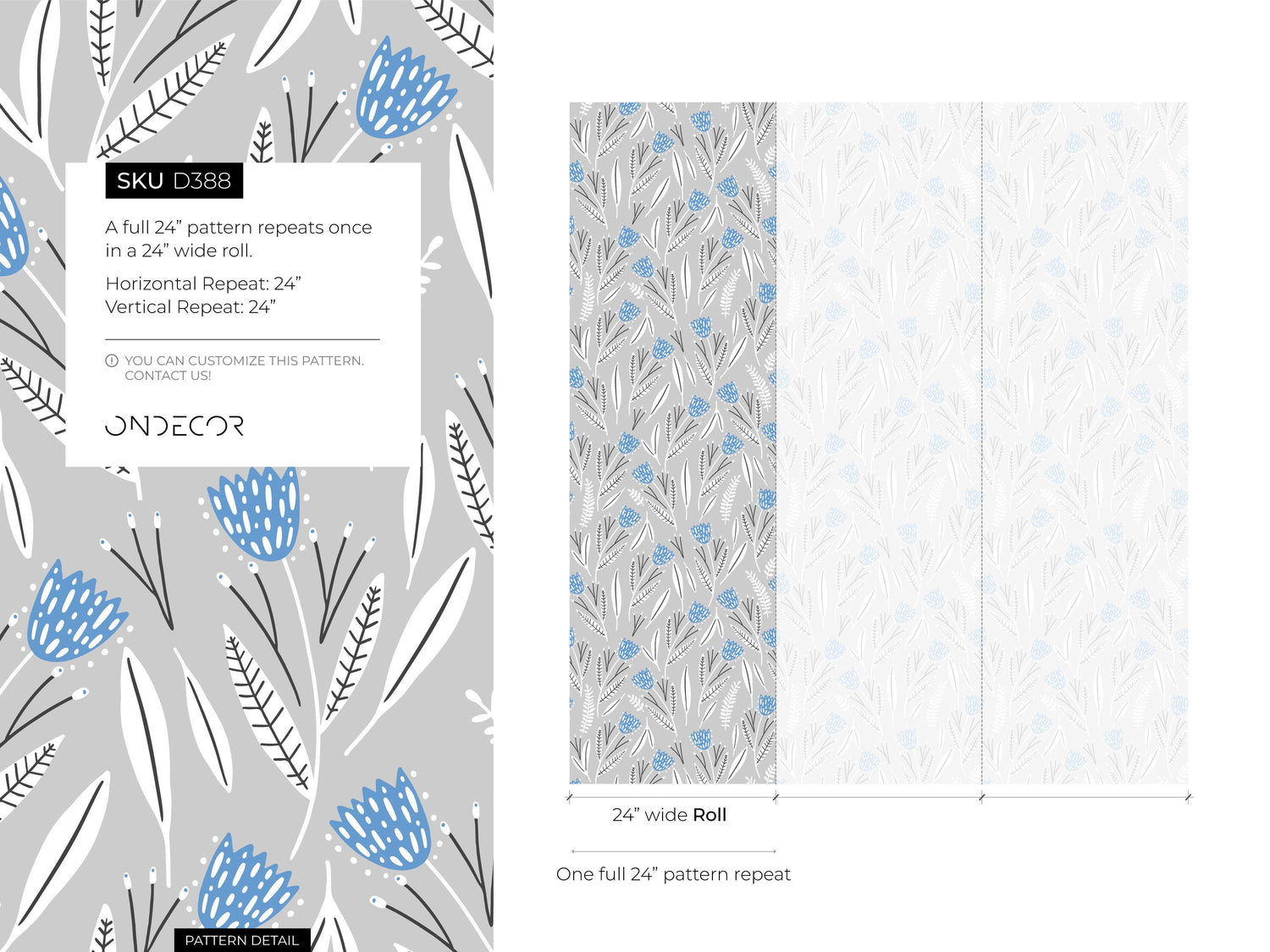 Blue and Gray Floral Wallpaper / Peel and Stick Wallpaper Removable Wallpaper Home Decor Wall Art Wall Decor Room Decor - D388