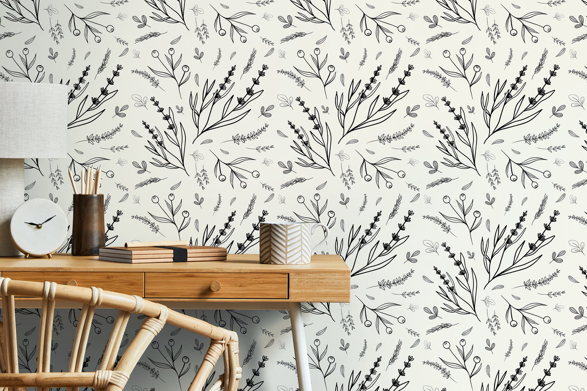 Minimalist Wildflowers Wallpaper / Peel and Stick Wallpaper Removable Wallpaper Home Decor Wall Art Wall Decor Room Decor - D400