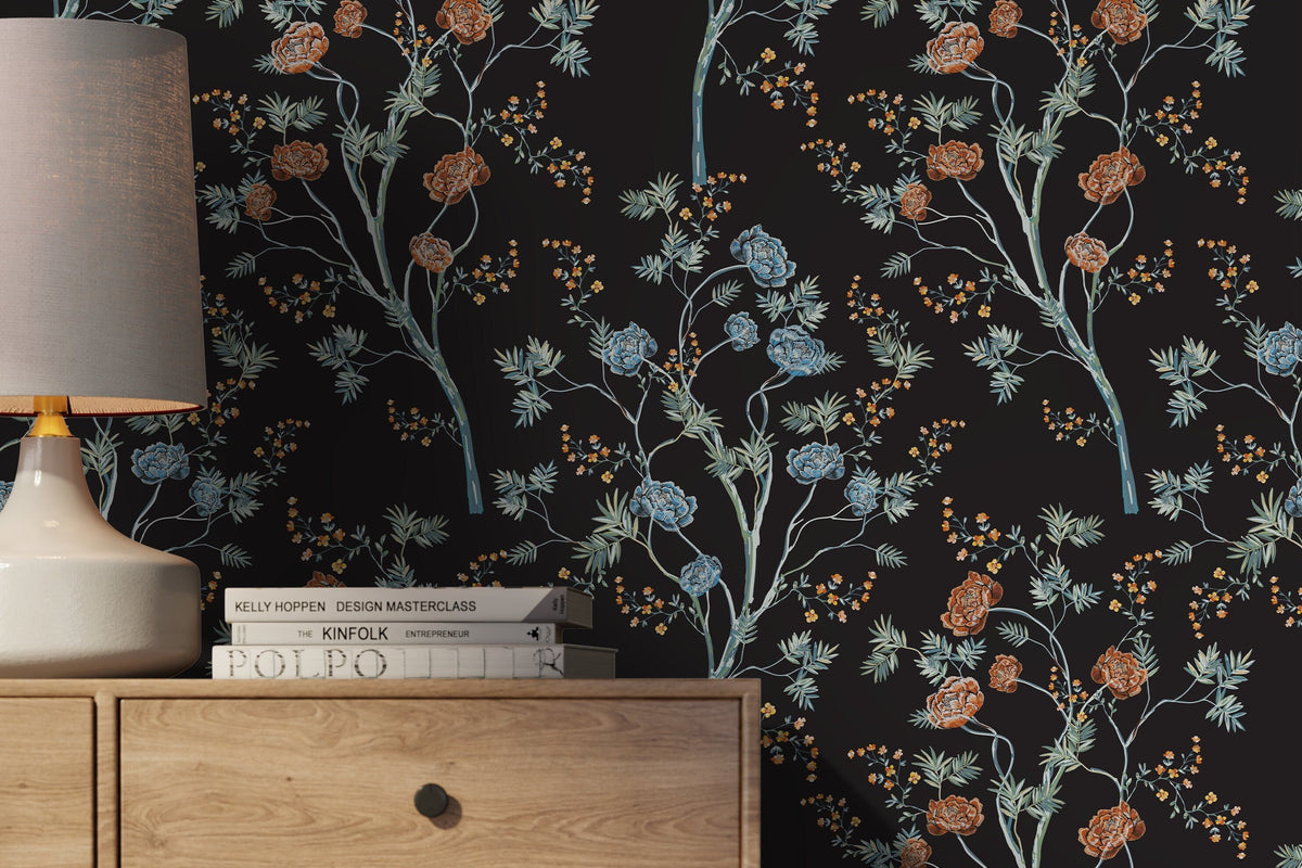 Dark Floral Garden Wallpaper / Peel and Stick Wallpaper Removable Wallpaper Home Decor Wall Art Wall Decor Room Decor - D122