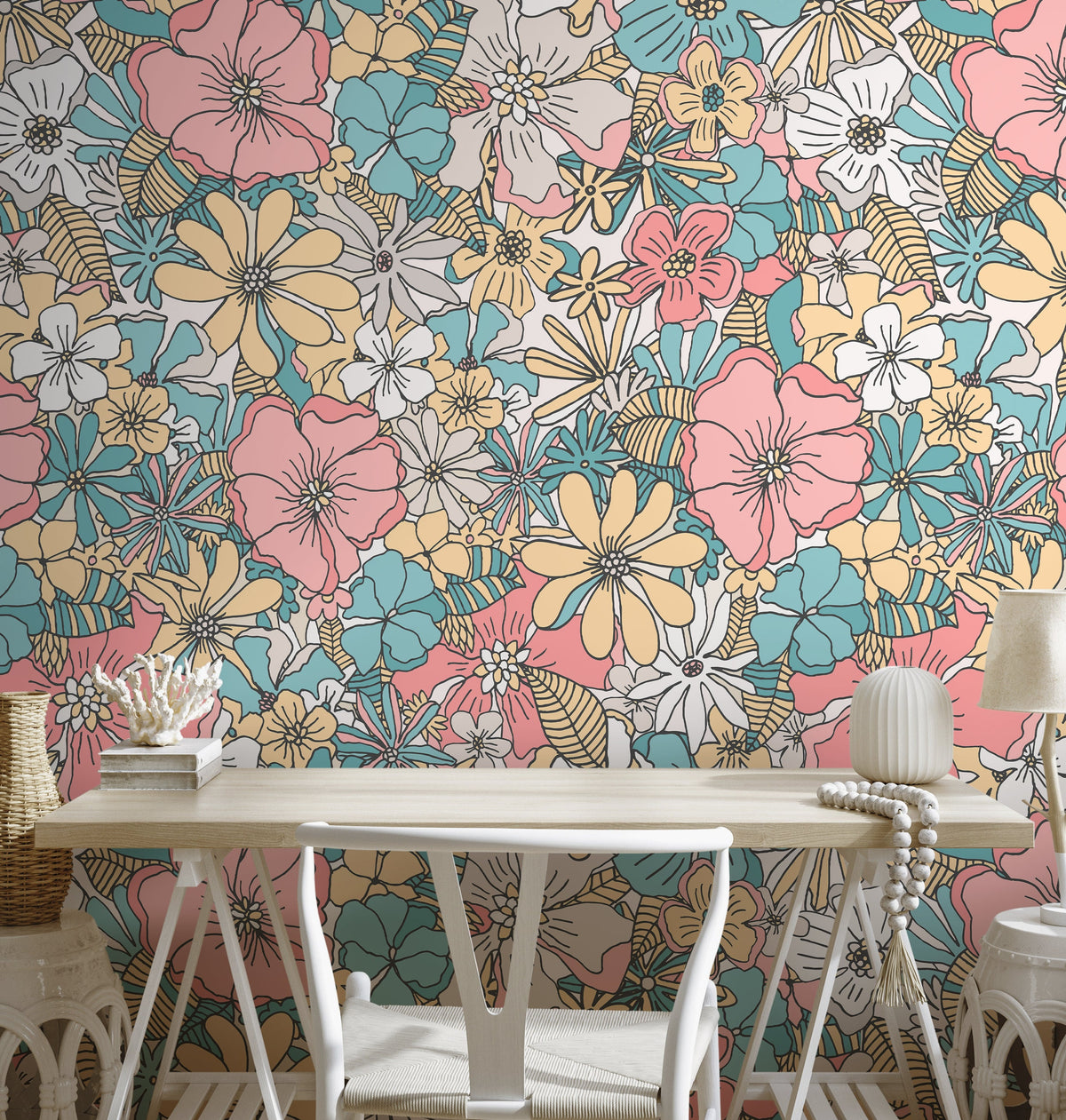 Pastel Color Floral Wallpaper / Peel and Stick Wallpaper Removable Wallpaper Home Decor Wall Art Wall Decor Room Decor - D382