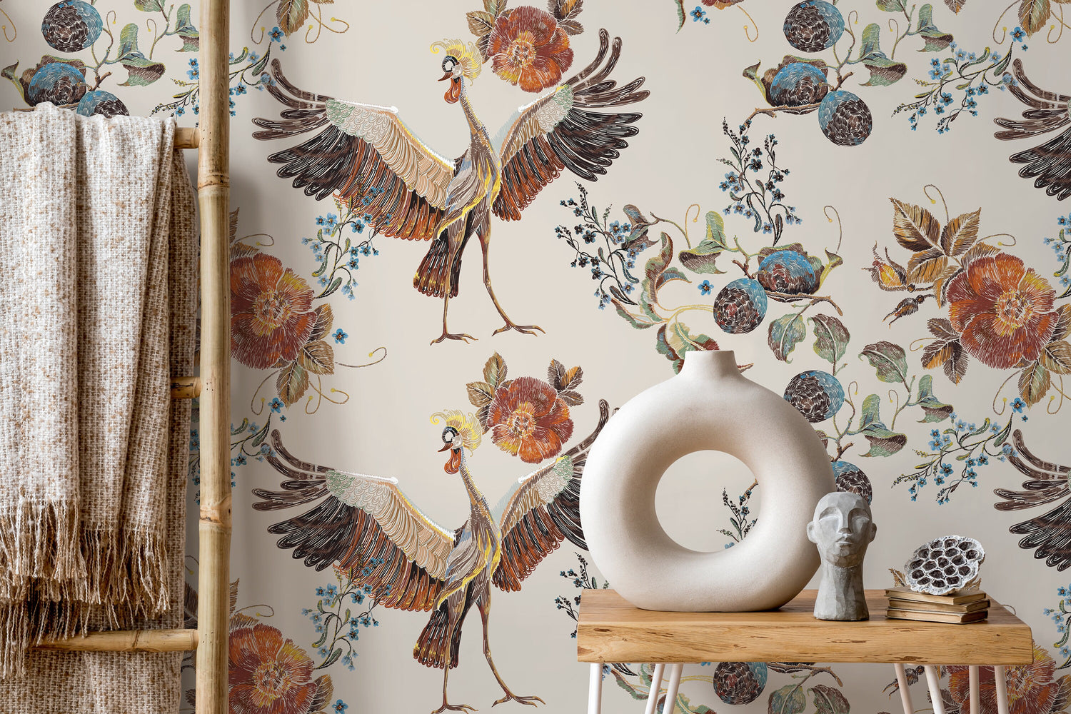 Vintage Floral and Bird Wallpaper / Peel and Stick Wallpaper Removable Wallpaper Home Decor Wall Art Wall Decor Room Decor - D404