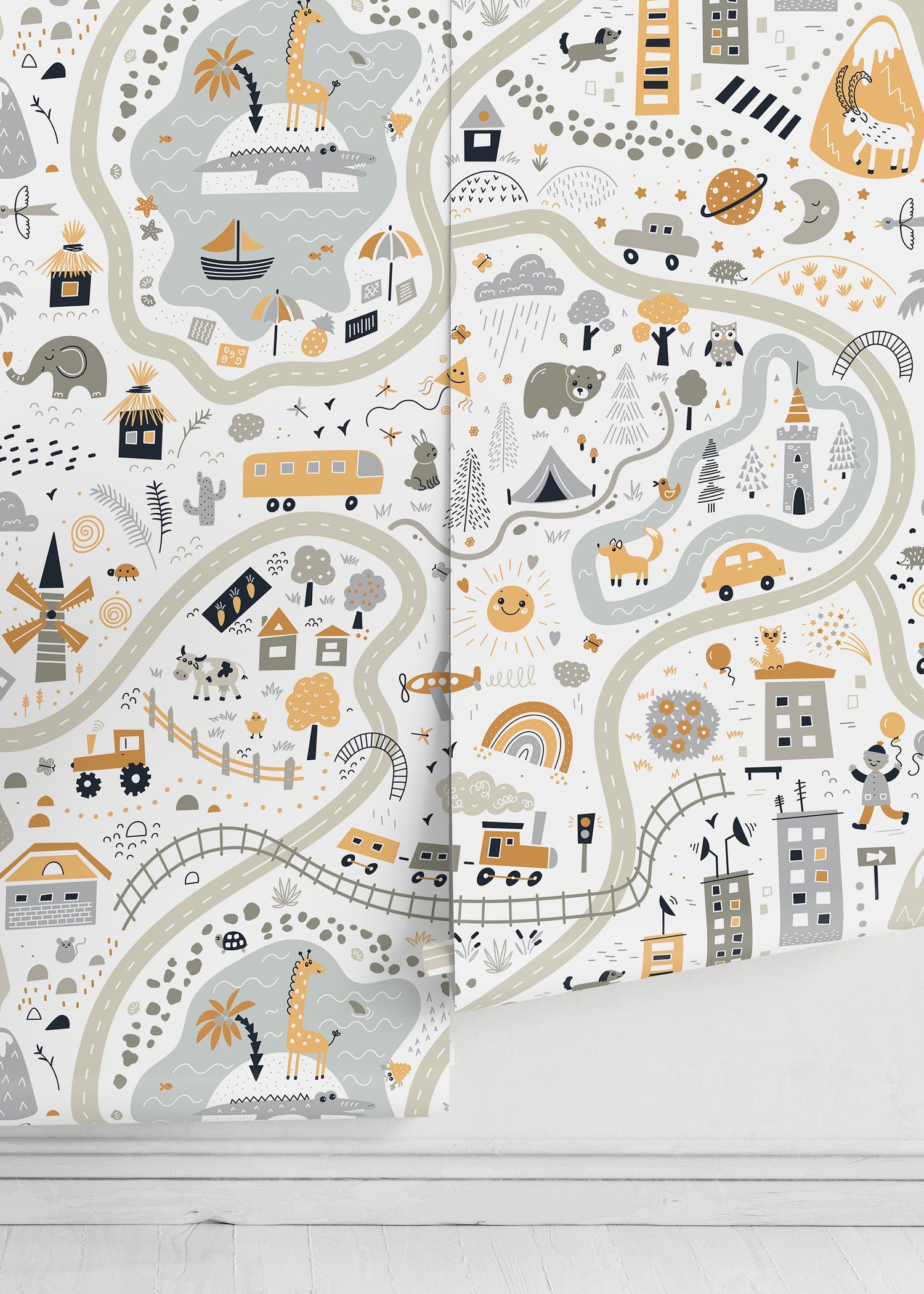 Nursery Town Map Wallpaper / Peel and Stick Wallpaper Removable Wallpaper Home Decor Wall Art Wall Decor Room Decor - D505