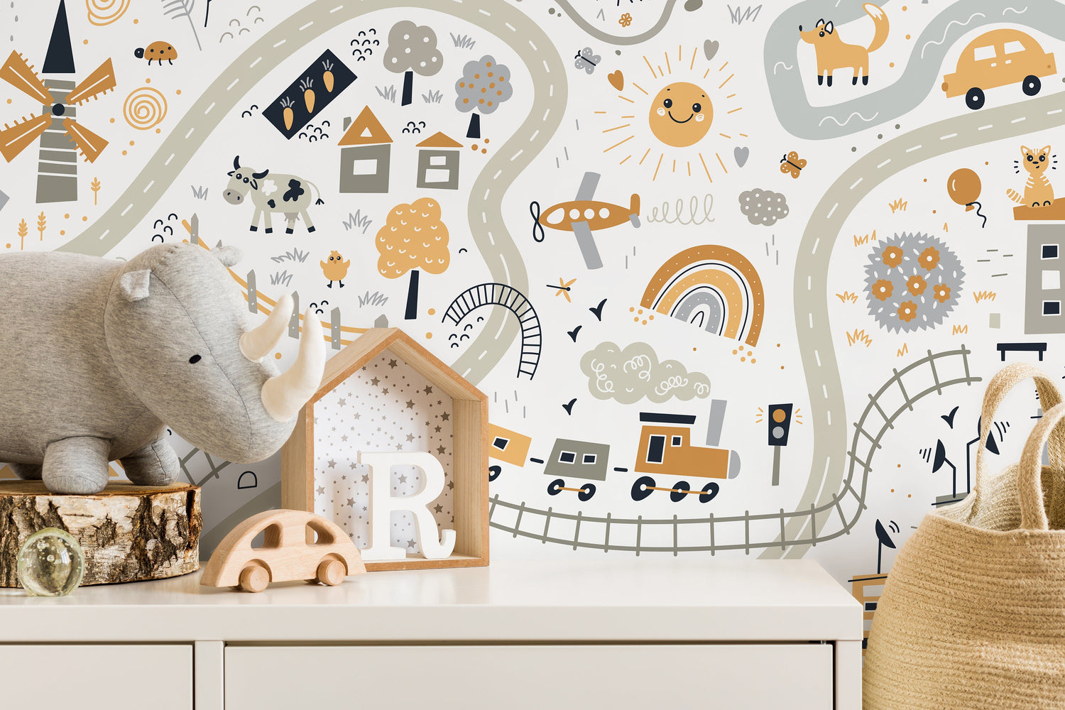 Nursery Town Map Wallpaper / Peel and Stick Wallpaper Removable Wallpaper Home Decor Wall Art Wall Decor Room Decor - D505