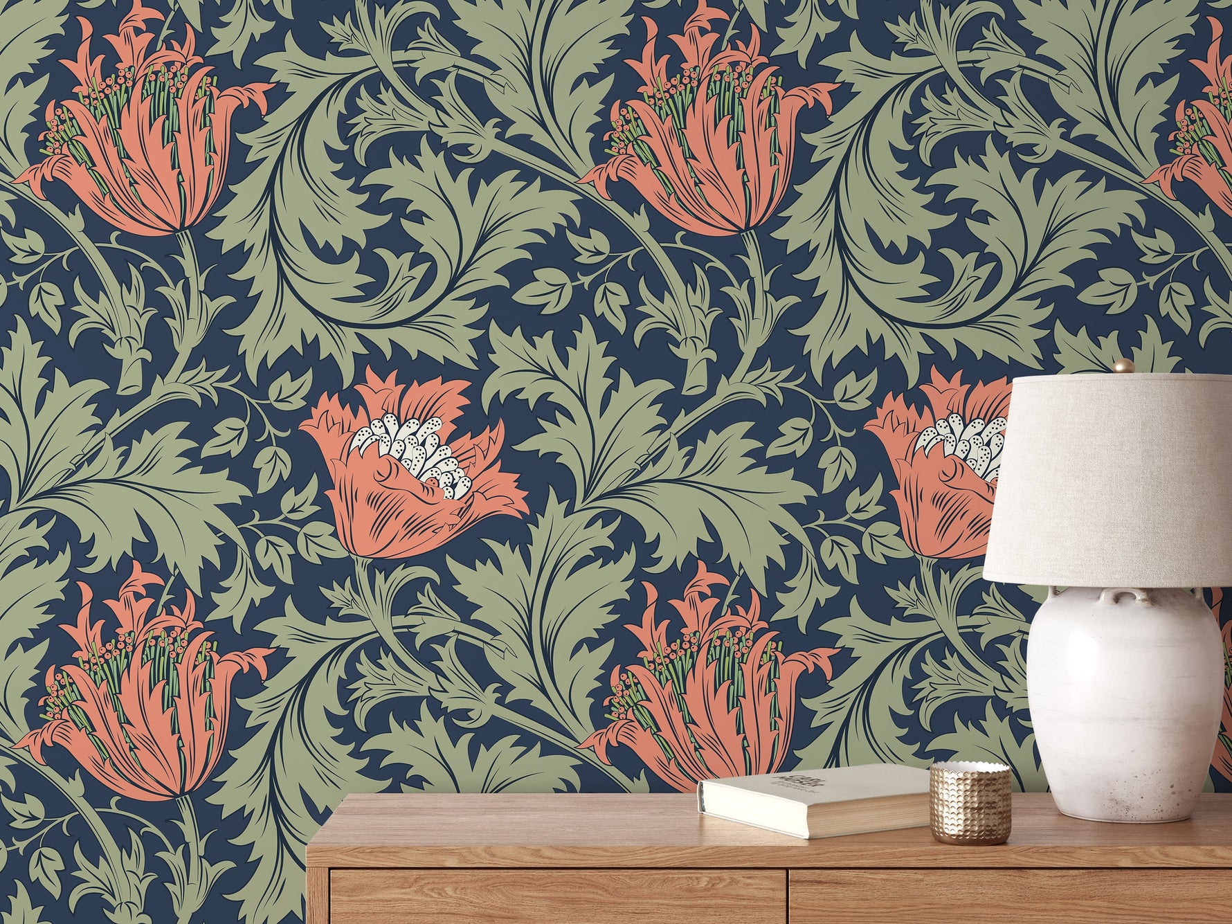 Floral William Morris Wallpaper / Peel and Stick Wallpaper Removable Wallpaper Home Decor Wall Art Wall Decor Room Decor - D514