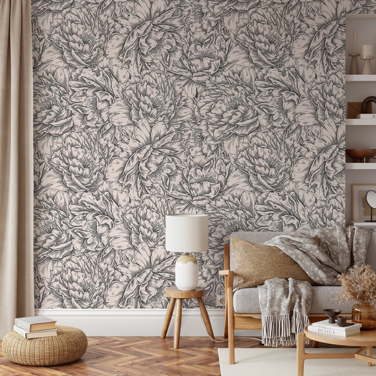 Elegant Peony Sketch Wallpaper - D518