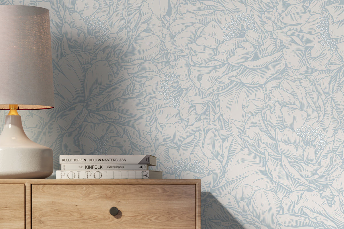 Light Blue Peony Wallpaper / Peel and Stick Wallpaper Removable Wallpaper Home Decor Wall Art Wall Decor Room Decor - D519