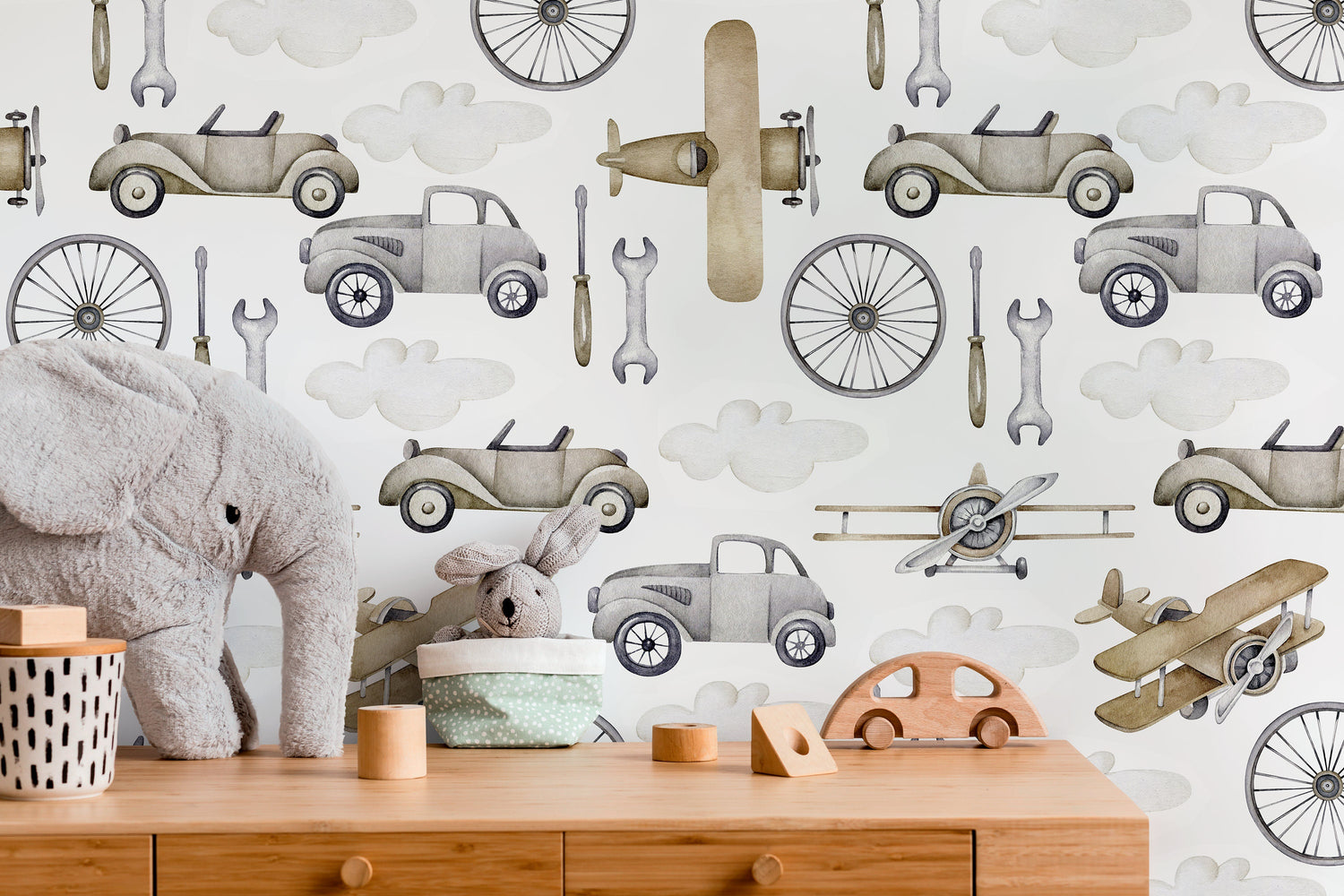 Neutral Airplanes and Cars Wallpaper / Peel and Stick Wallpaper Removable Wallpaper Home Decor Wall Art Wall Decor Room Decor - D528