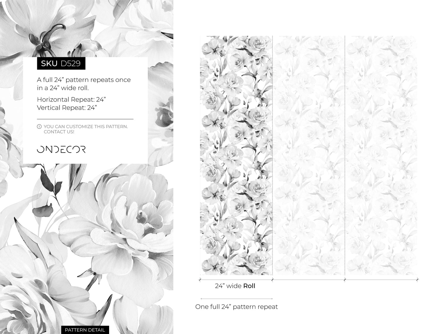 Gray Vintage Peony Wallpaper / Peel and Stick Wallpaper Removable Wallpaper Home Decor Wall Art Wall Decor Room Decor - D529