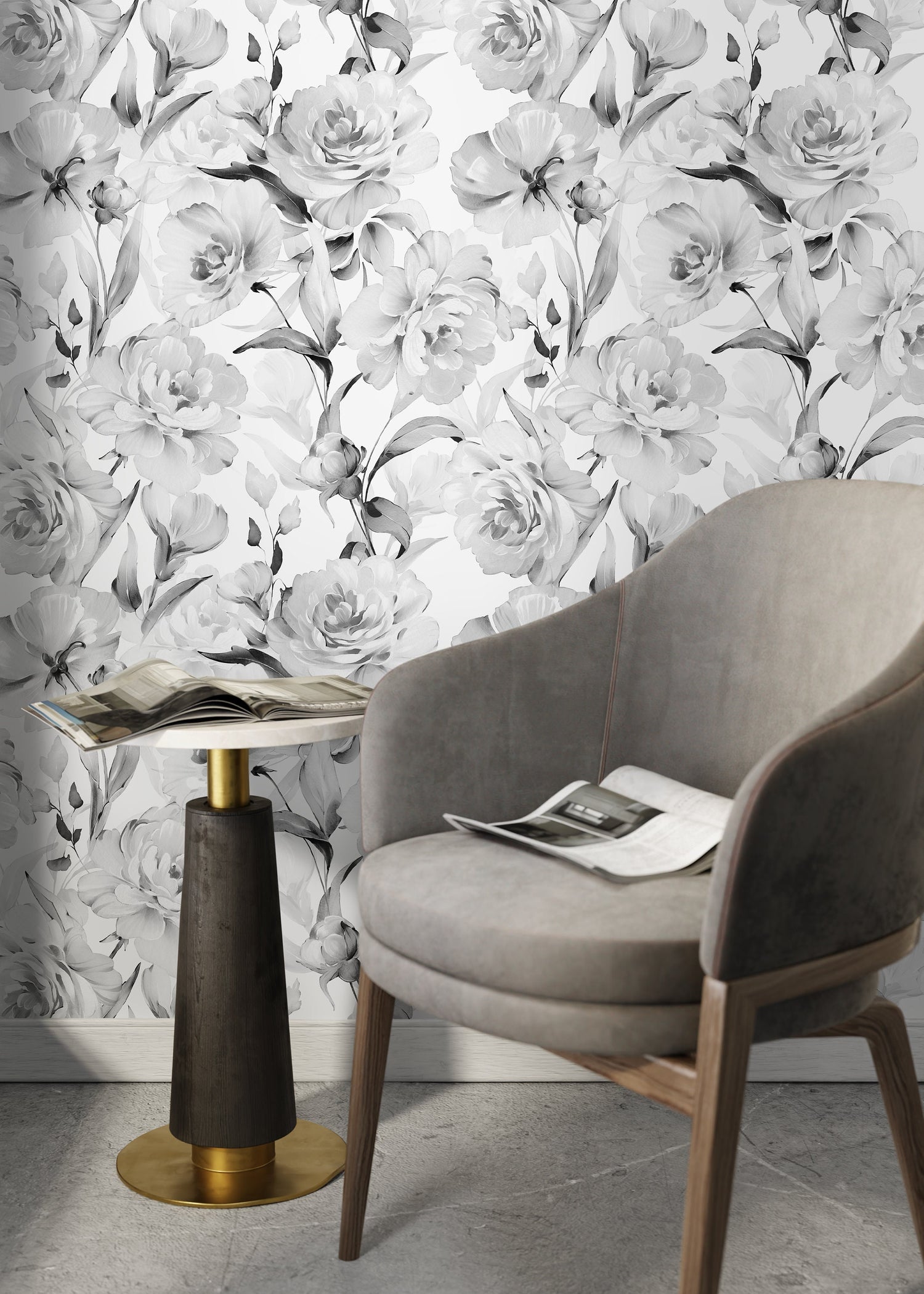 Gray Vintage Peony Wallpaper / Peel and Stick Wallpaper Removable Wallpaper Home Decor Wall Art Wall Decor Room Decor - D529