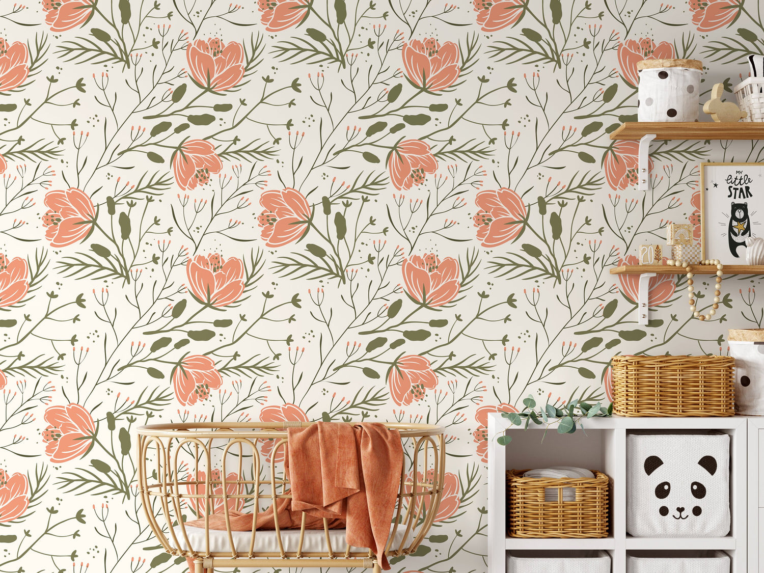 Floral Scandinavian Wallpaper / Peel and Stick Wallpaper Removable Wallpaper Home Decor Wall Art Wall Decor Room Decor - D148