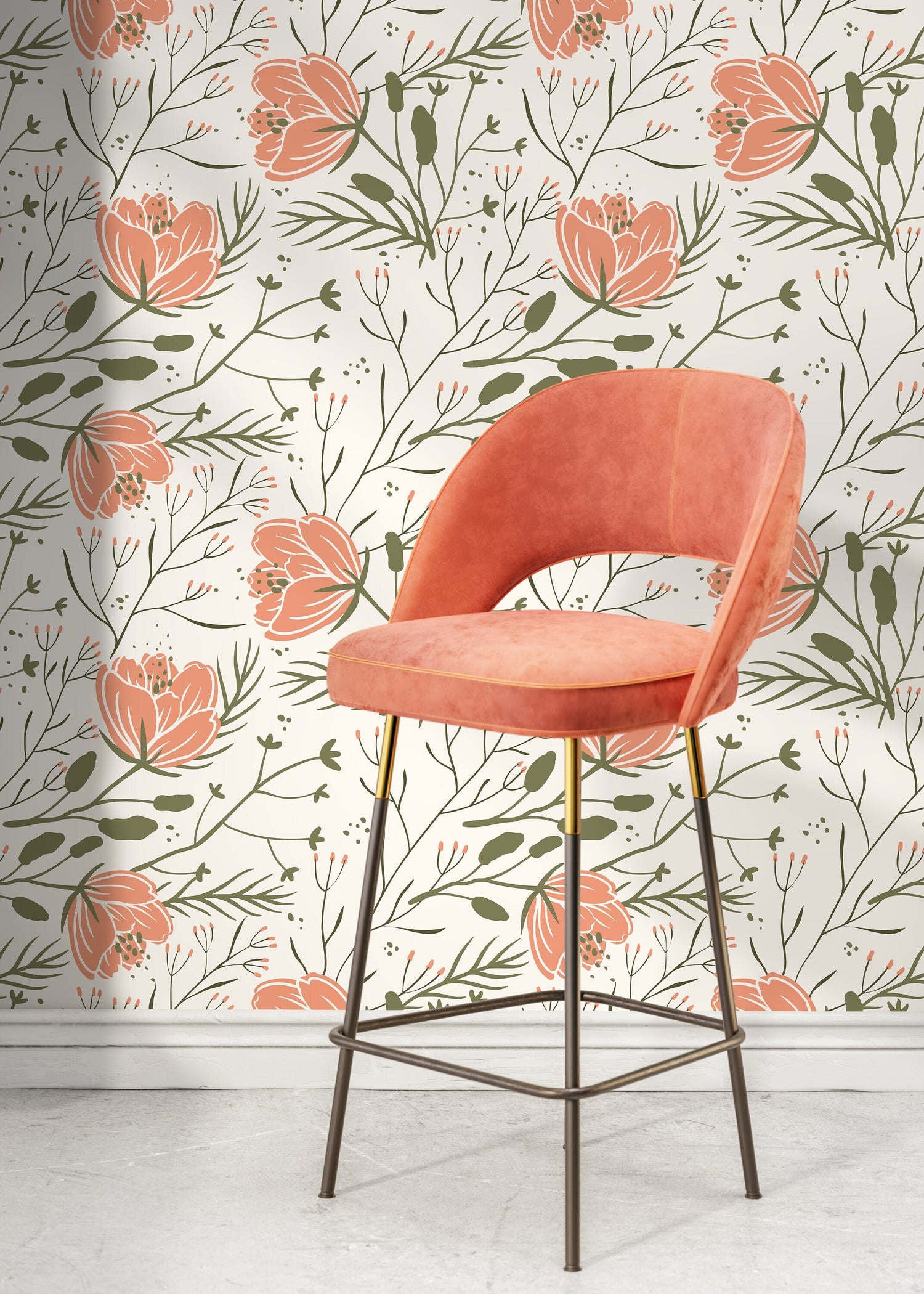 Floral Scandinavian Wallpaper / Peel and Stick Wallpaper Removable Wallpaper Home Decor Wall Art Wall Decor Room Decor - D148