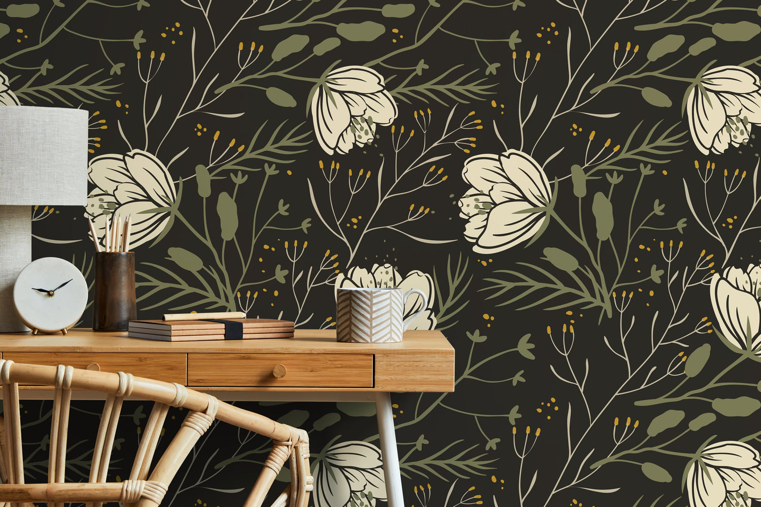 Dark Floral Scandinavian Wallpaper / Peel and Stick Wallpaper Removable Wallpaper Home Decor Wall Art Wall Decor Room Decor - D149