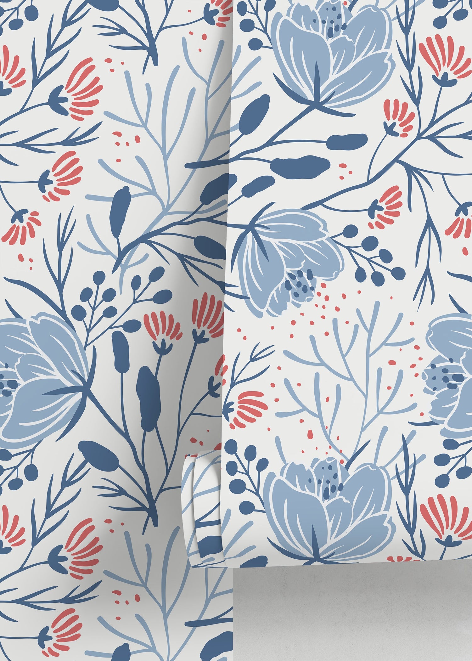 Blue Floral Scandinavian Wallpaper / Peel and Stick Wallpaper Removable Wallpaper Home Decor Wall Art Wall Decor Room Decor - D151