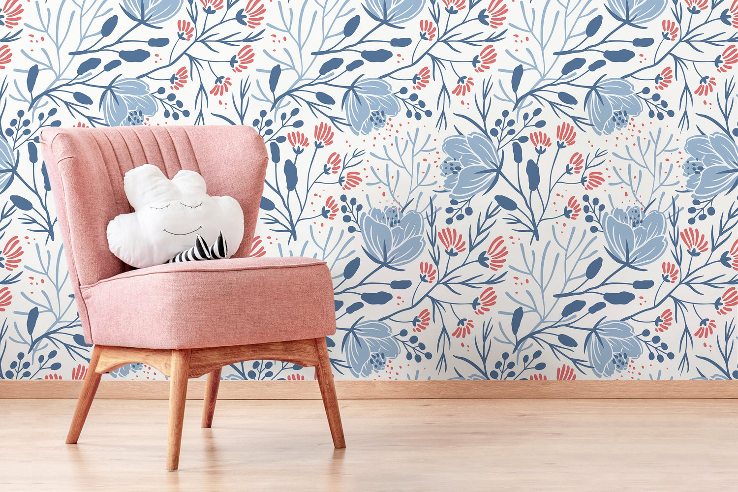 Blue Floral Scandinavian Wallpaper / Peel and Stick Wallpaper Removable Wallpaper Home Decor Wall Art Wall Decor Room Decor - D151