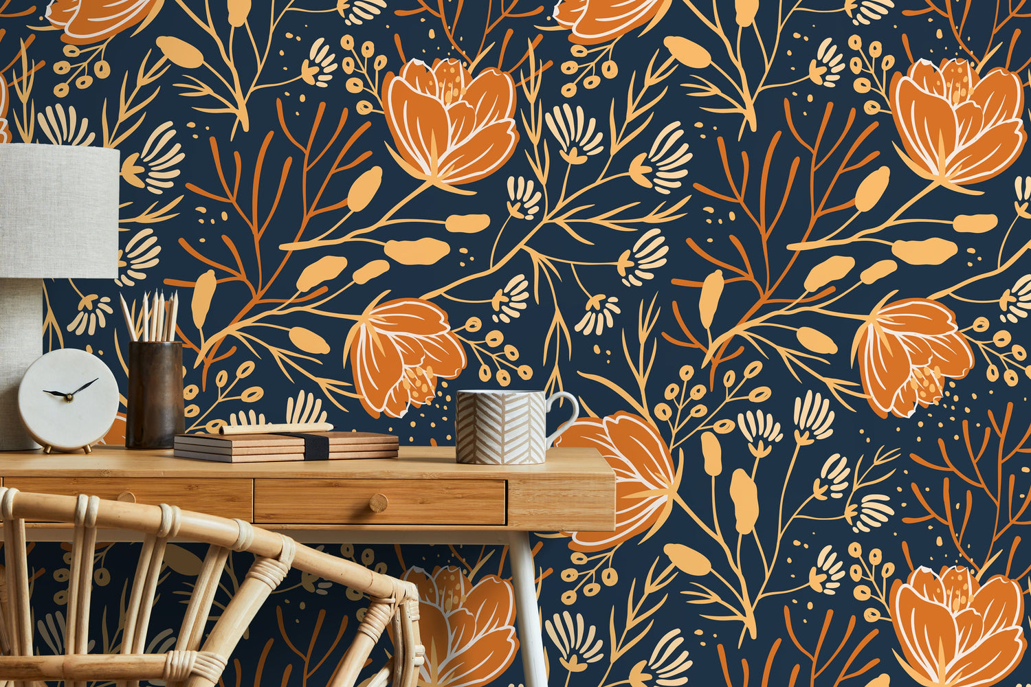 Floral Autumn Wallpaper / Peel and Stick Wallpaper Removable Wallpaper Home Decor Wall Art Wall Decor Room Decor - D152