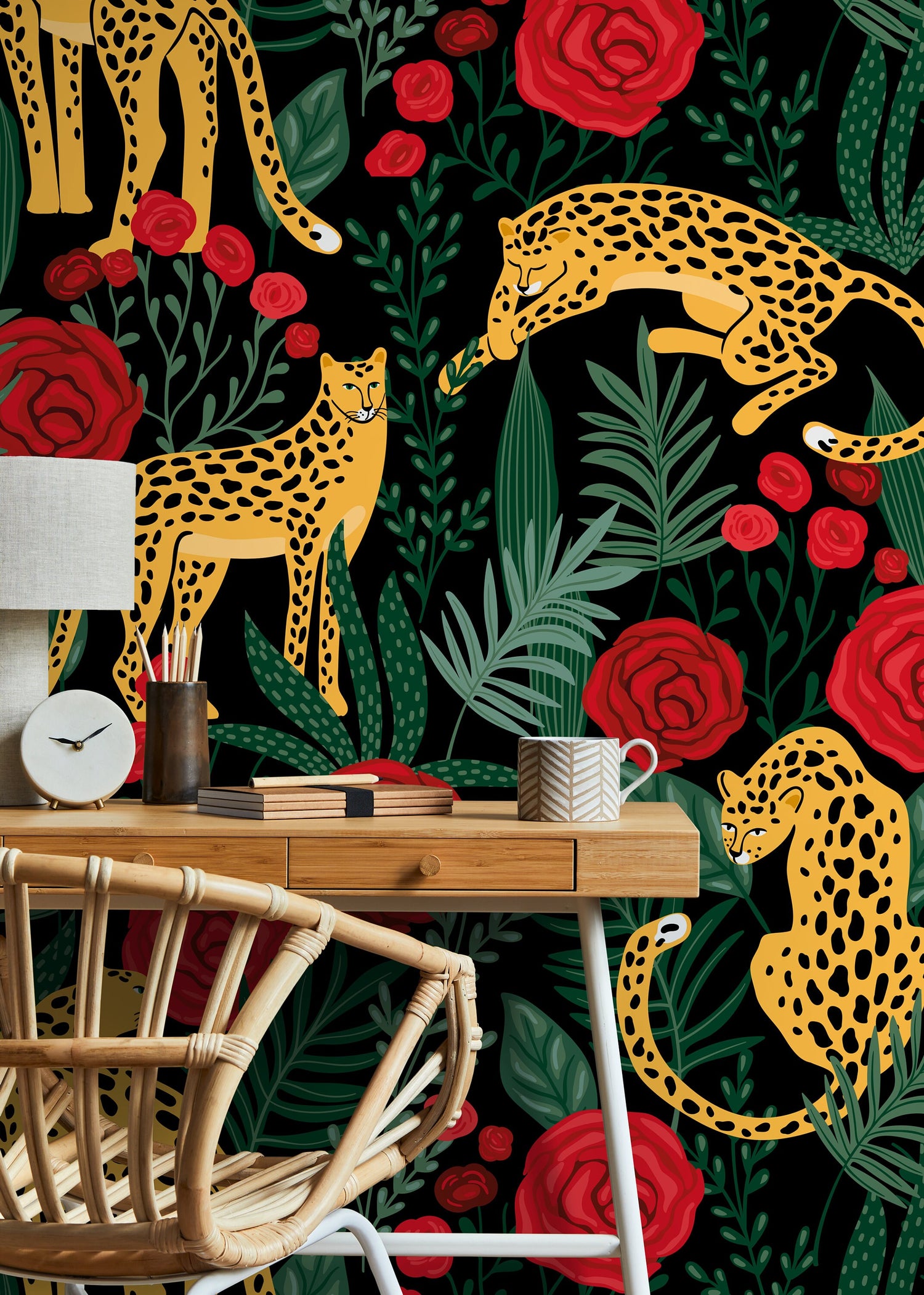 Tiger and Floral Garden Wallpaper / Peel and Stick Wallpaper Removable Wallpaper Home Decor Wall Art Wall Decor Room Decor - D154