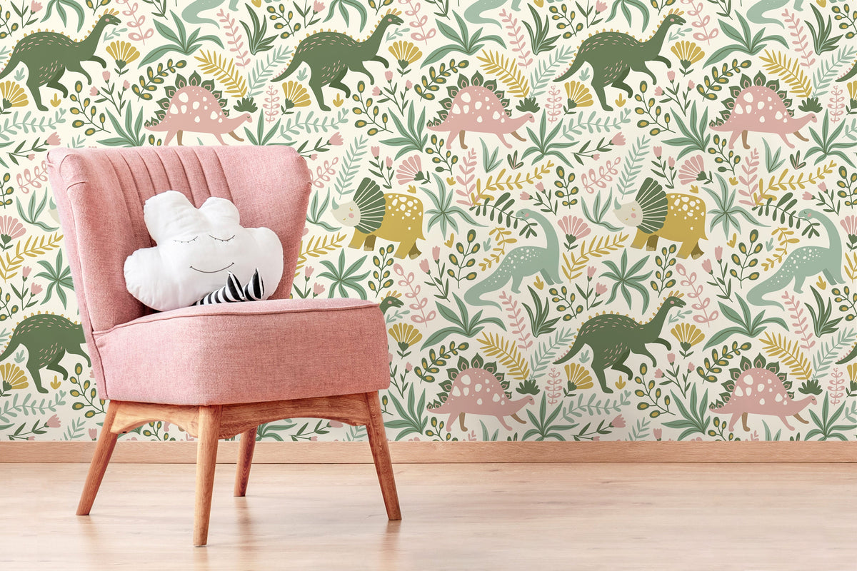 Pastel Dinosaurs Wallpaper / Peel and Stick Wallpaper Removable Wallpaper Home Decor Wall Art Wall Decor Room Decor - D482