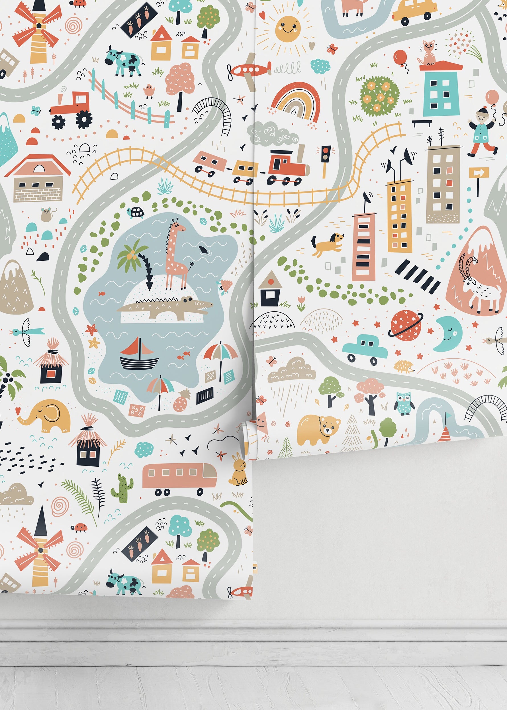 Colorful Town Map Wallpaper / Peel and Stick Wallpaper Removable Wallpaper Home Decor Wall Art Wall Decor Room Decor - D504