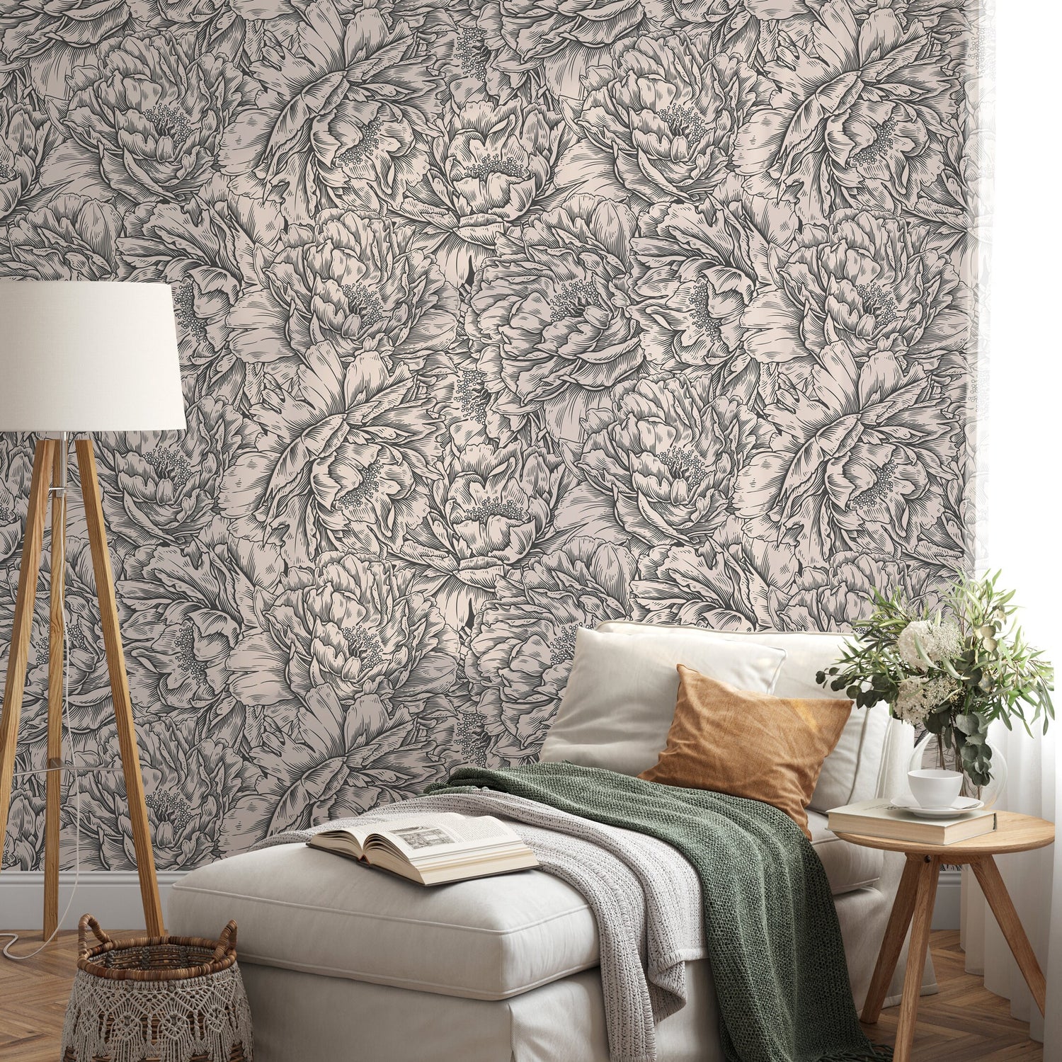 Elegant Peony Sketch Wallpaper - D518