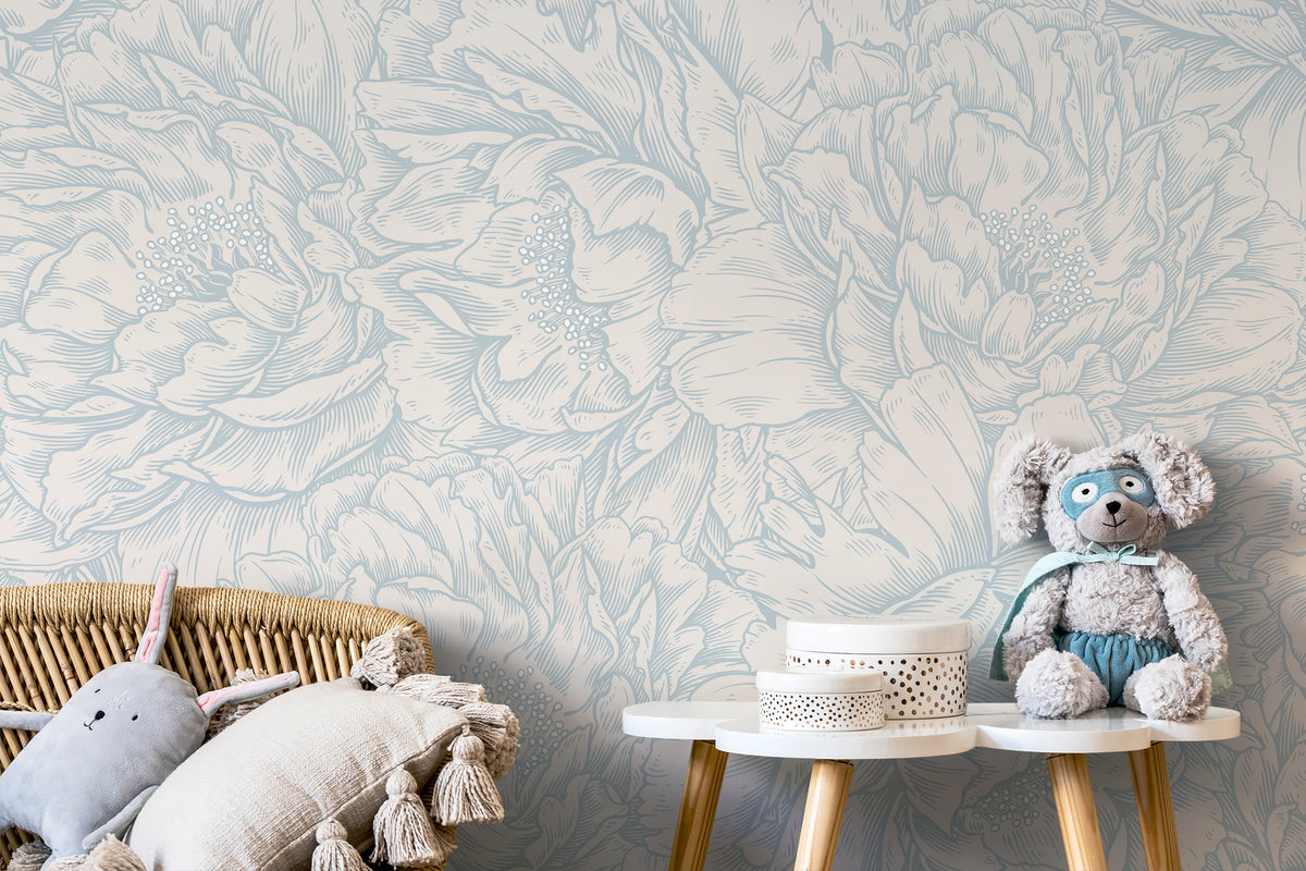 Light Blue Peony Wallpaper / Peel and Stick Wallpaper Removable Wallpaper Home Decor Wall Art Wall Decor Room Decor - D519