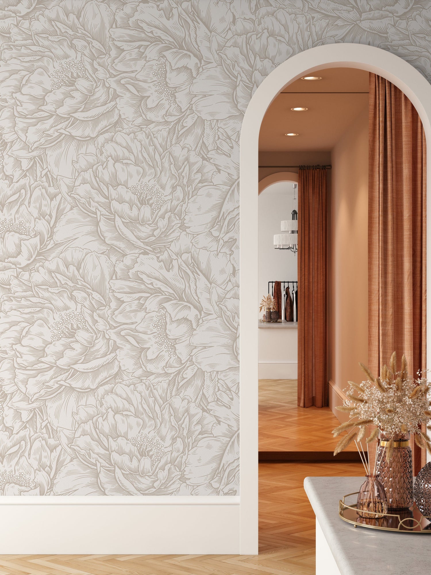 Neutral Peony Wallpaper / Peel and Stick Wallpaper Removable Wallpaper Home Decor Wall Art Wall Decor Room Decor - D520