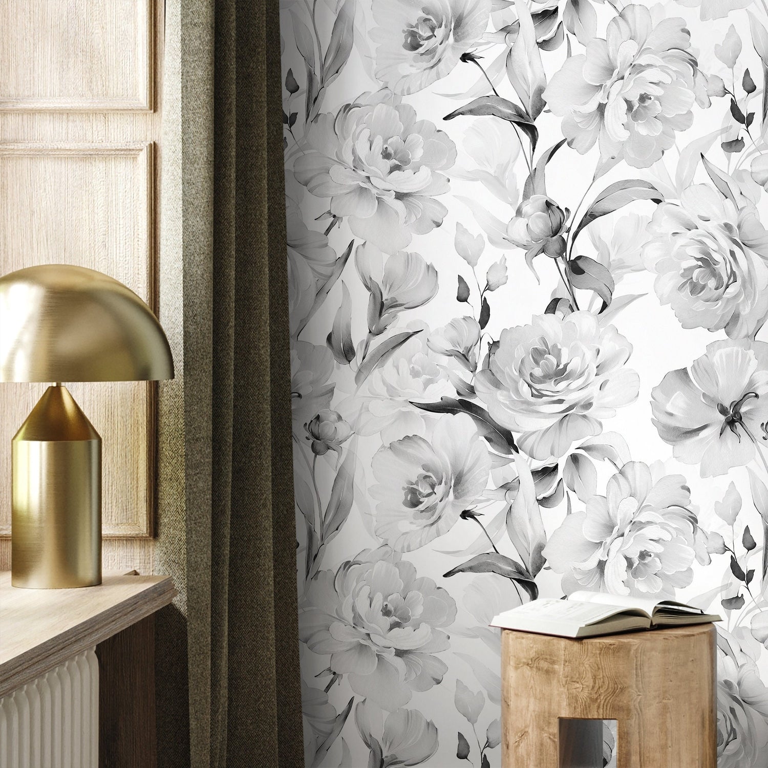 Gray Vintage Peony Wallpaper / Peel and Stick Wallpaper Removable Wallpaper Home Decor Wall Art Wall Decor Room Decor - D529