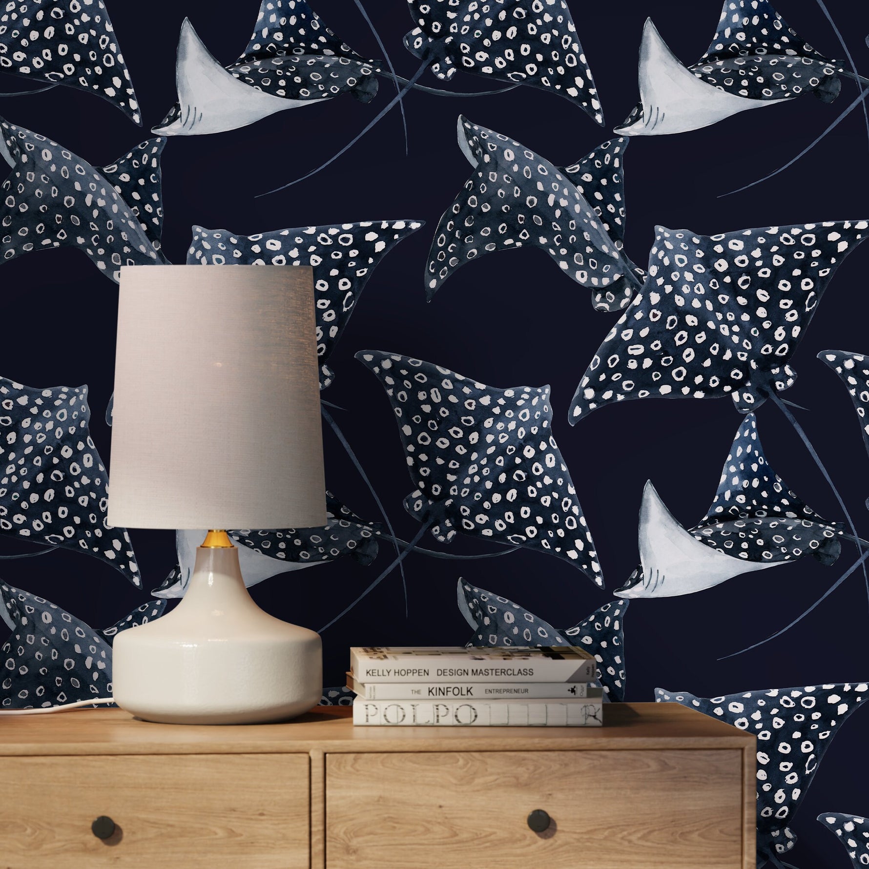 Navy Stingray Wallpaper / Peel and Stick Wallpaper Removable Wallpaper Home Decor Wall Art Wall Decor Room Decor - D542