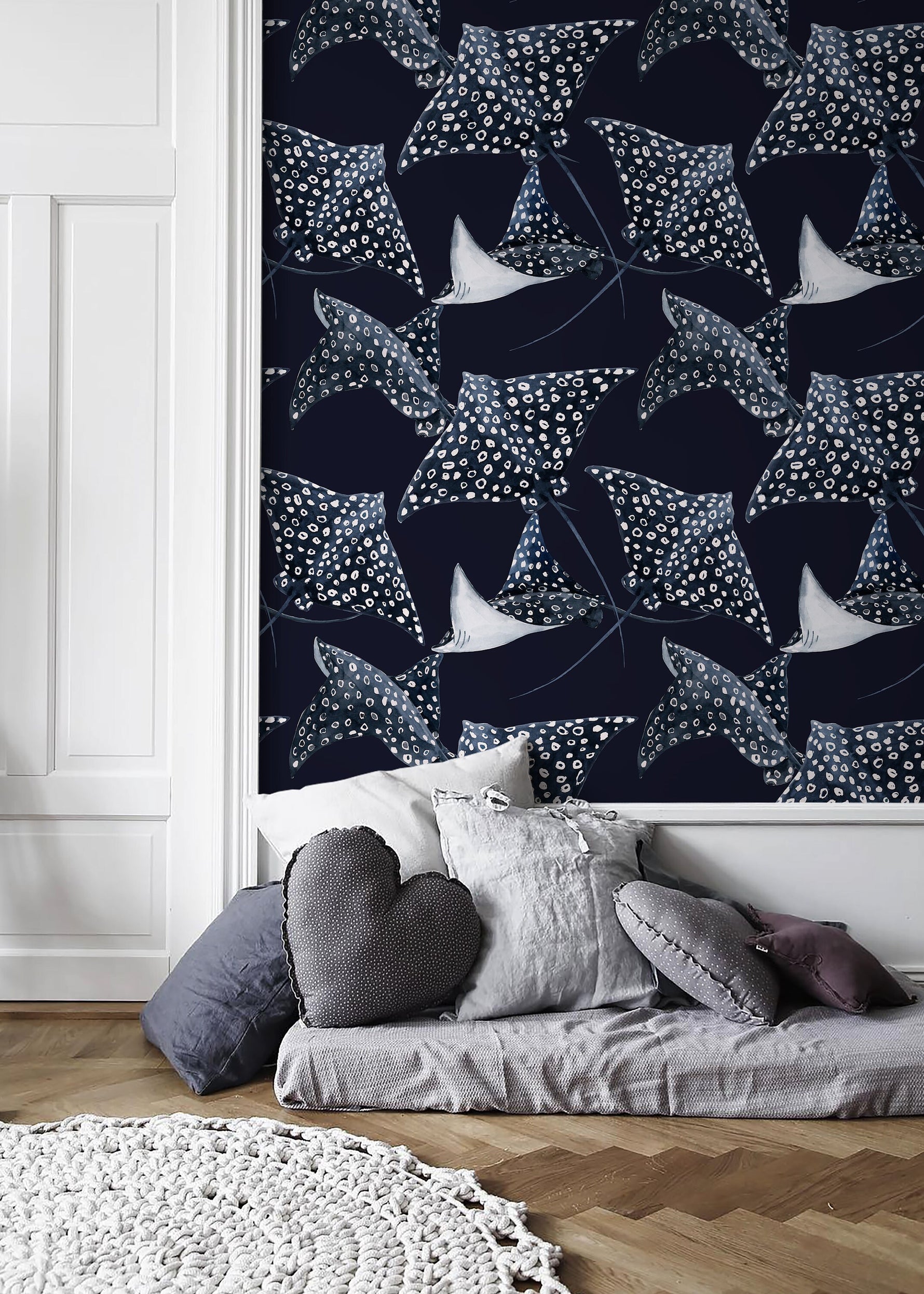 Navy Stingray Wallpaper / Peel and Stick Wallpaper Removable Wallpaper Home Decor Wall Art Wall Decor Room Decor - D542