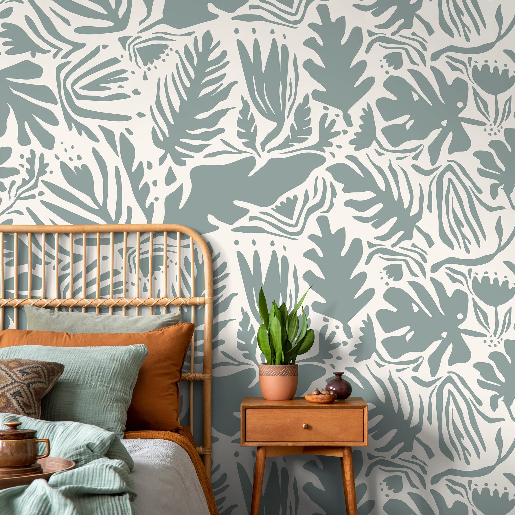 Light Green Leaf Abstract Wallpaper Boho Wallpaper Peel and Stick and Traditional Wallpaper - D664