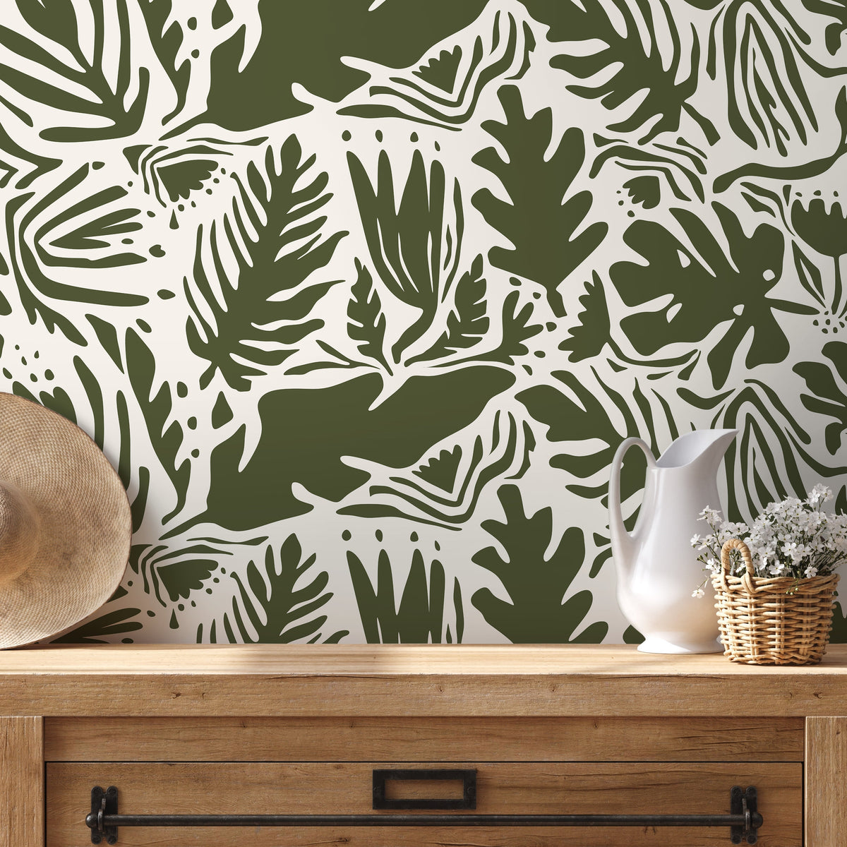 Dark Green Leaf Abstract Wallpaper Boho Wallpaper Peel and Stick and Traditional Wallpaper - D667